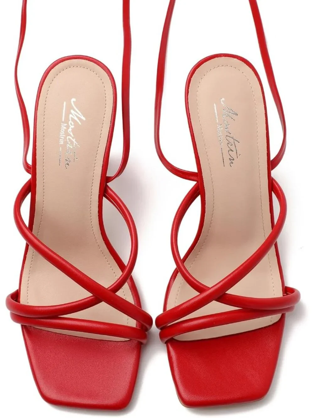 〽️Womens Red Strappy Lace Up Square Toe High Heels Party Heel Prom Sandal